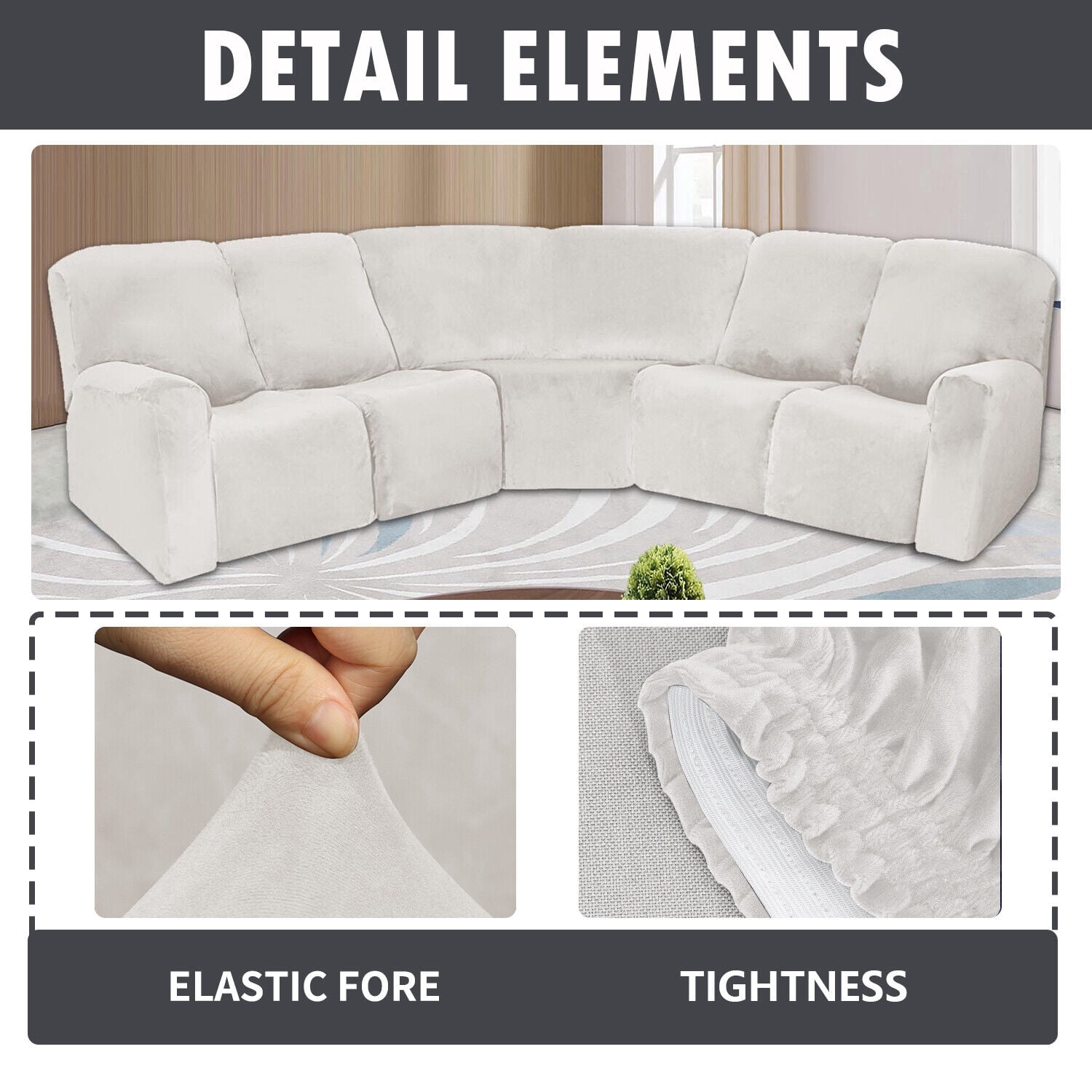 TOPCHANCES Velvet Recliner Sofa Covers, 5 Seat Corner Sofa Covers Stretch Furniture Protector Including 2 Arm Pieces, 4 Seat and Backrest Pieces and 1 Corner Piece, Ivory