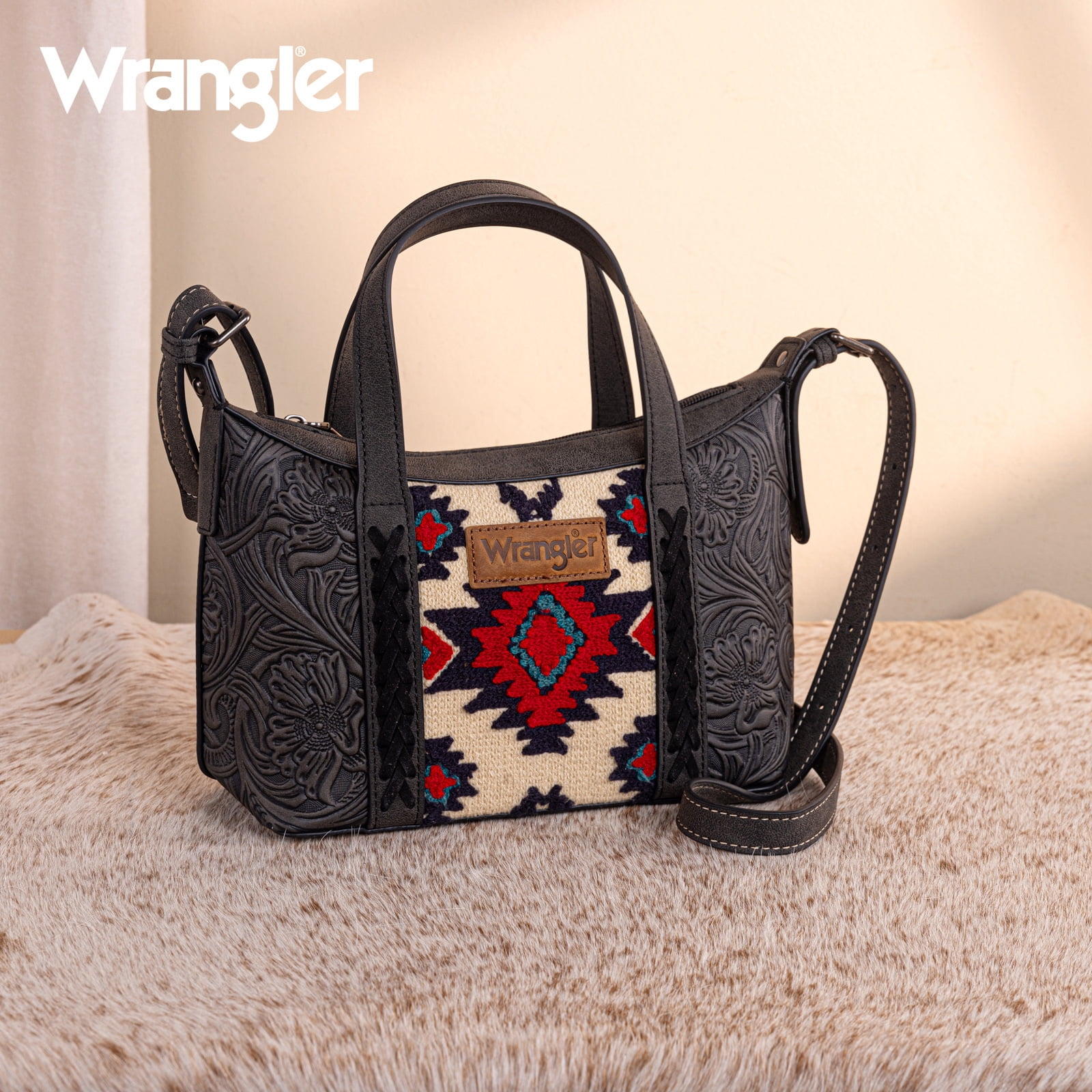 Wrangler Tooled Aztec Small Crossbody Handbag for Women Stylish Handle Bag Designer Top-Handle Crossbody Bags, Black