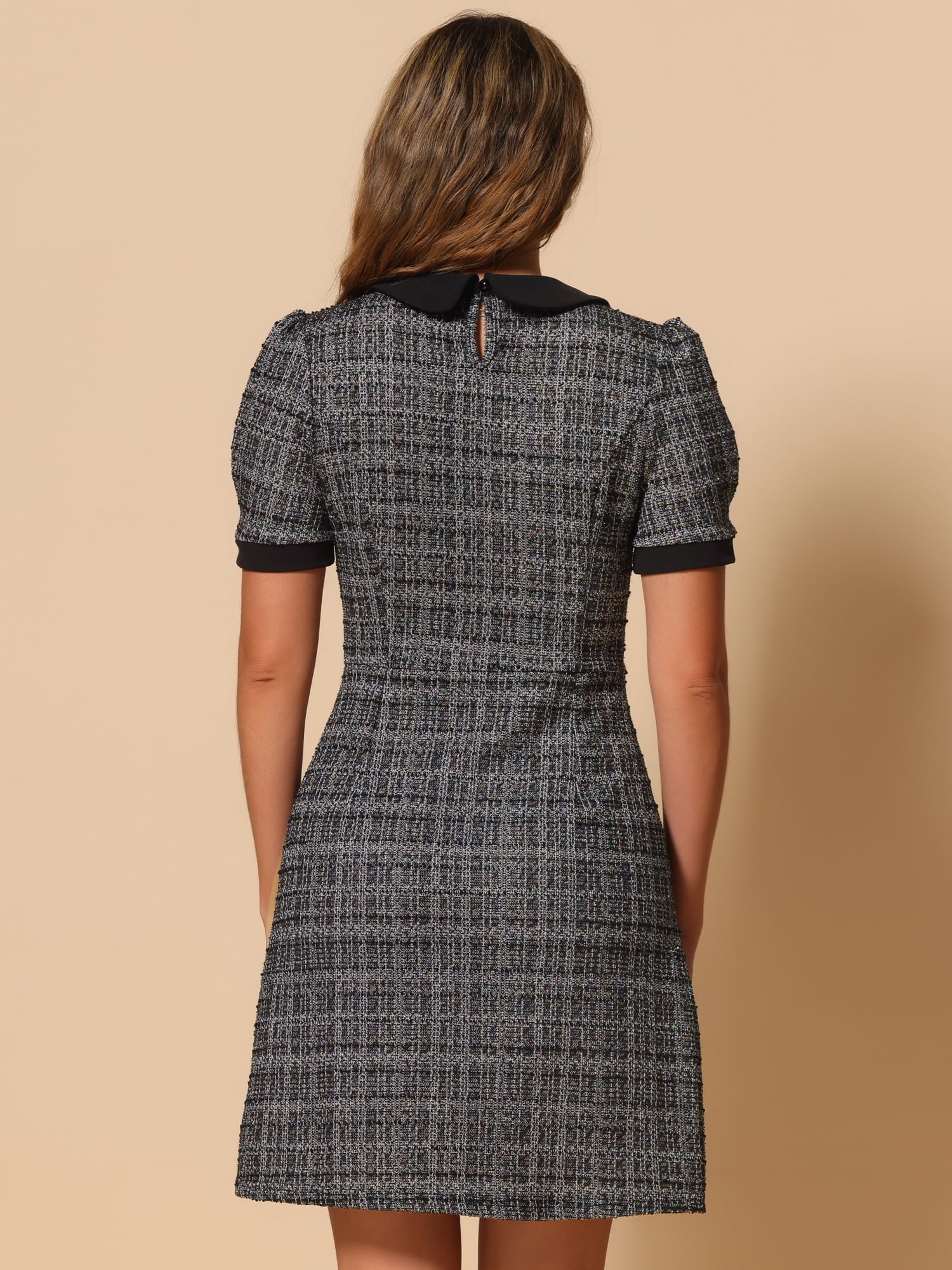 DARING DIVA Peter Pan Collar Plaid Puff Mini Tweed Dress L Black