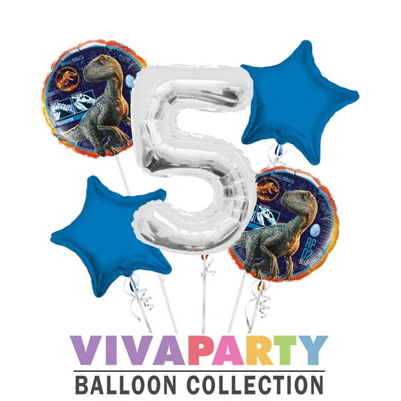 Jurassic World Velociraptor RP 02 Blue Round Balloon Bouquet 5 pc, 5th Birthday, Silver Number 5 Jumbo Balloon | Viva Party Balloon Collection