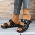 thumbnail image 4 of Rokment Punk Studded Buckles Platform Sandals for Women 2026 Beach Summer Fashion Casual Leather Faux Wooden Footbed Mid Heels Comfortable Walking Slip on Slides Black Size 6, 4 of 9