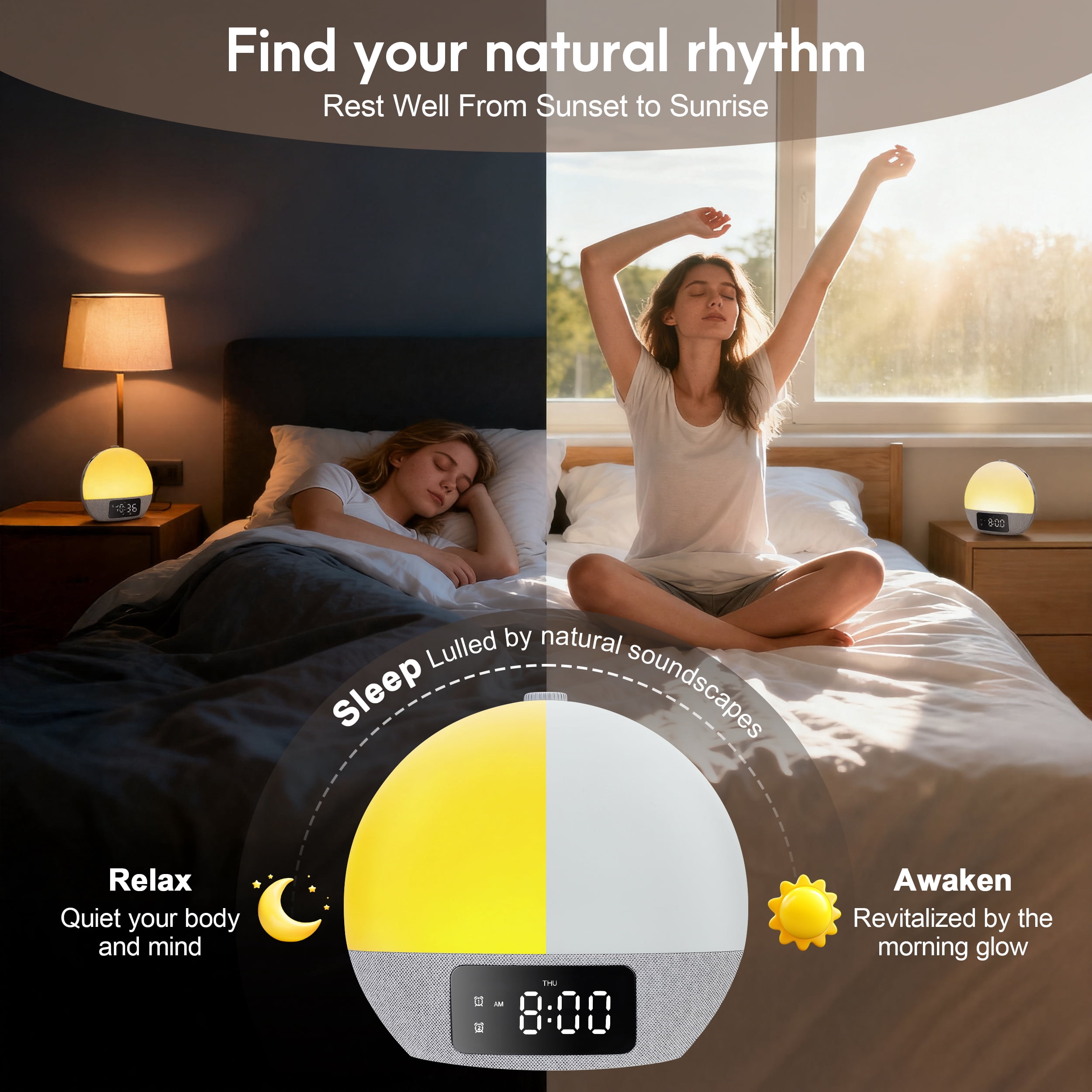Doulami Sunrise Alarm Clock Wake Up Light White Noise Machine Natural Wake-Up Light with 25 Sleep Sounds & 17 Lights