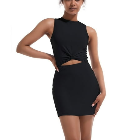 

2pcs Fashion Golf Tennis Sports Suits Breathable Crew Neck Sleevless Knot Cropped Top & High Waist Bodycon Catsuits Women‘s Activewear