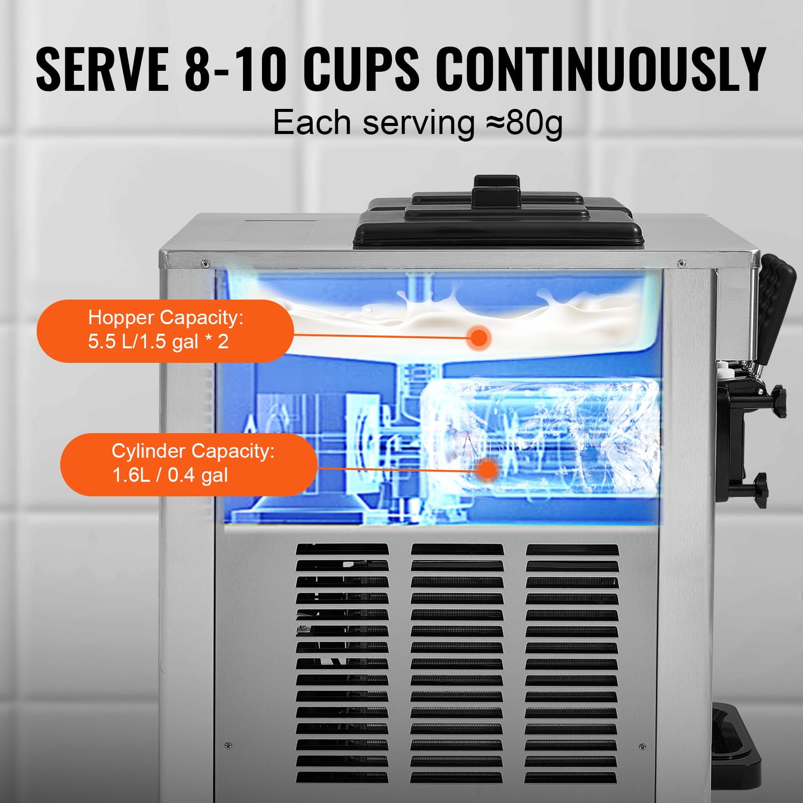 KFFKFF Commercial Soft Ice Cream Machine 18-28 L/H 5.5L*2 Cylinder 3-Flavor Serve Ice Cream Maker