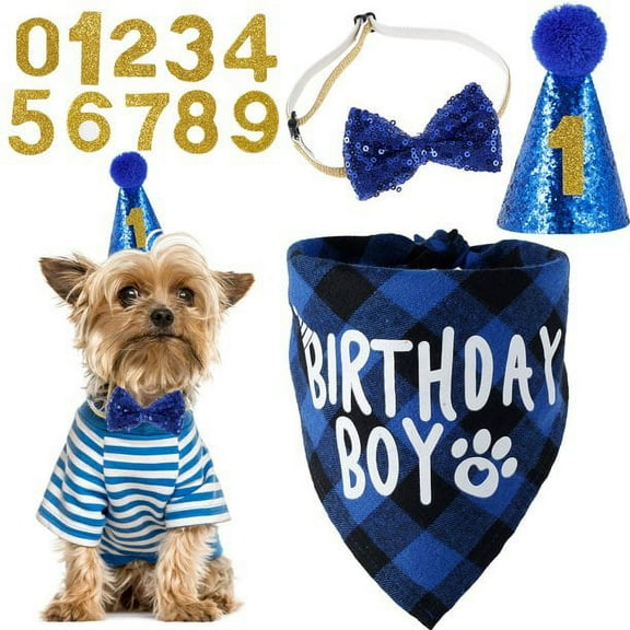 Dog Birthday Party Supplies,Plaid Dog Puppy Birthday Bandana and Blingbling Dog Bow Set with 0-8 Numbers