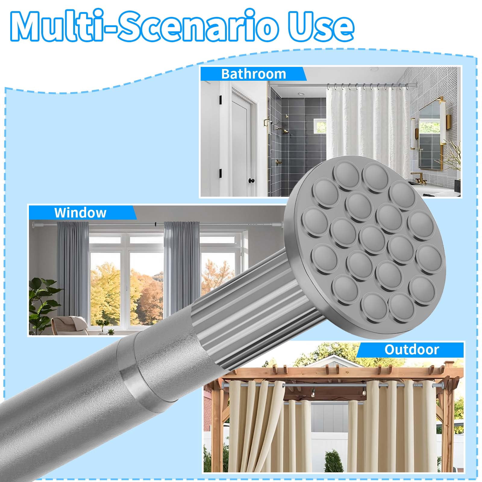 Ktinnead Tension Curtain Rod 129-148in,Extra Long Curtain Rods No Drilling for Window Bathroom Patio,Adjustable Spring Shower Curtain Rod,Easy to Install Never Rust,Rod Diameter 1.26in-Gray