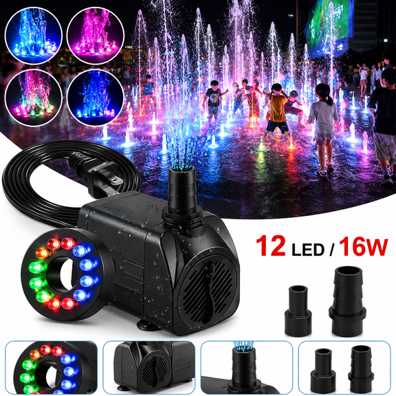 Submersible Water Pump Fountain Pump With 12 LED Lights 16W Waterproof Pond Pump For Aquarium Fish Tank Garden Fountain Pool Waterfall Hydroponic Circulation System