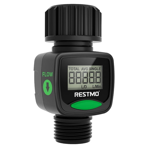 RESTMO Compteur de Débit d'Eau, Haute Précision de Mesure, Mesure la Consommation Gallon/litre et le Débit pour l'Arrosage en Boyau de Jardin Extérieur, Remplissage de Réservoir d'Eau pour VR, Arroseur pour Pelouse et Pulvérisateur à Buse