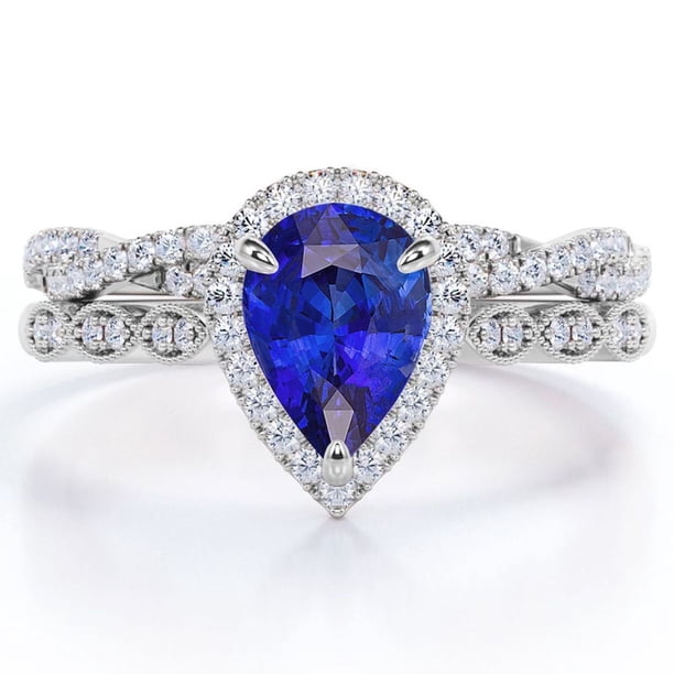 JeenMata Anillo de Compromiso Vintage de 1,5 Quilates con Zafiro Azul y Moissanita con Piedra Natal de Septiembre en Talla Pera: Conjunto Nupcial con Halo Pavé en Oro Blanco de 18 K sobre Plata