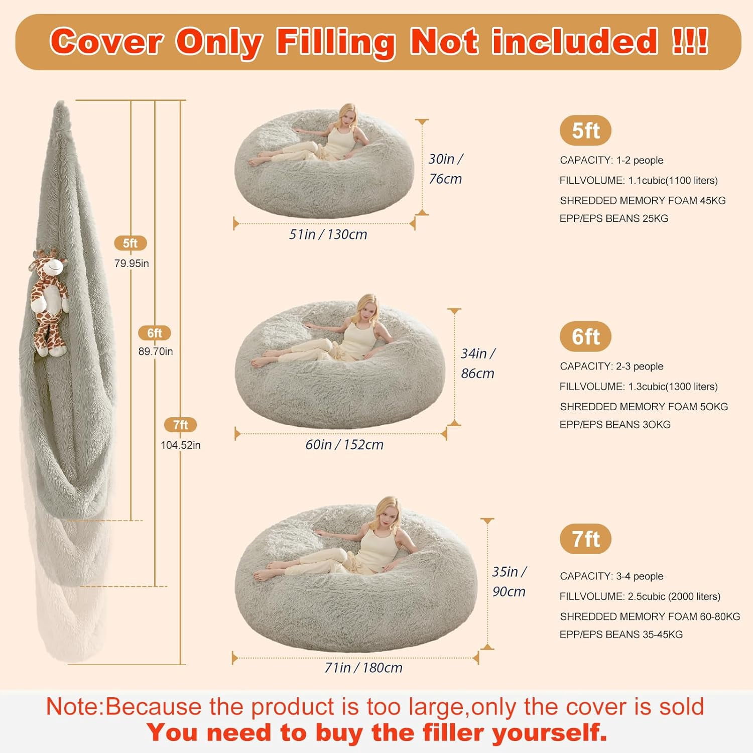 RAINBEAN Large Bean Bag Chair Cover, Plush Bean Bags Chairs Cover Only Without Filler Included, Beanbag Chairs for Adults, Teens, Kids, Light Gray 5FT