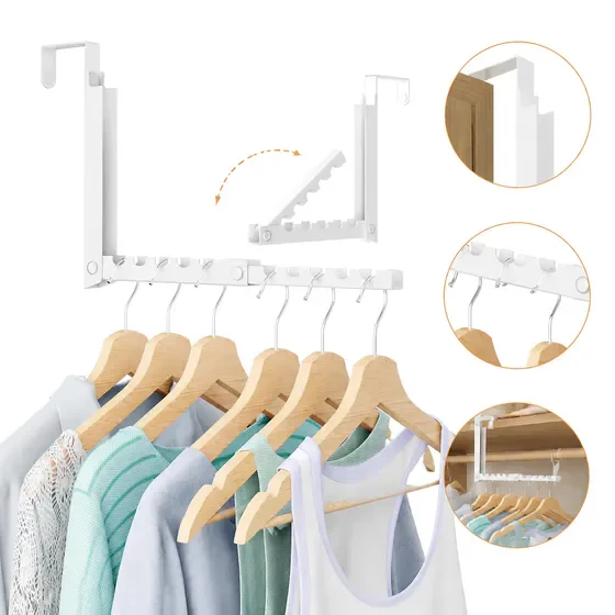 Foldable over the door clothes rack, space saving storage organizer for clothes, towels and bags, suitable for bathroom, bedroom, kitchen