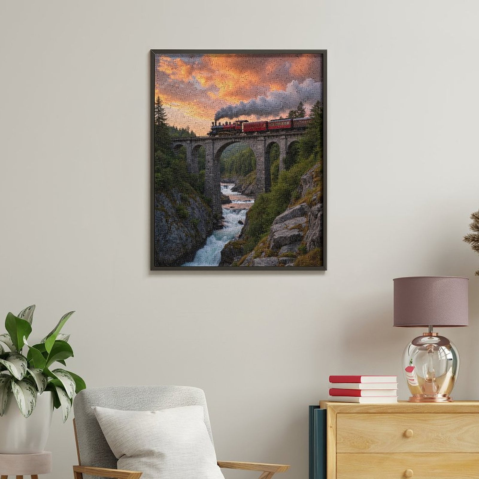 Paint By Numbers Kit for Adults Beginner - DIY Train Bridge Sunset Cascade Canvas Painting Kits for Adults, Frameless Paint By Number for Adults for Home Wall Decor 16x20 Inch