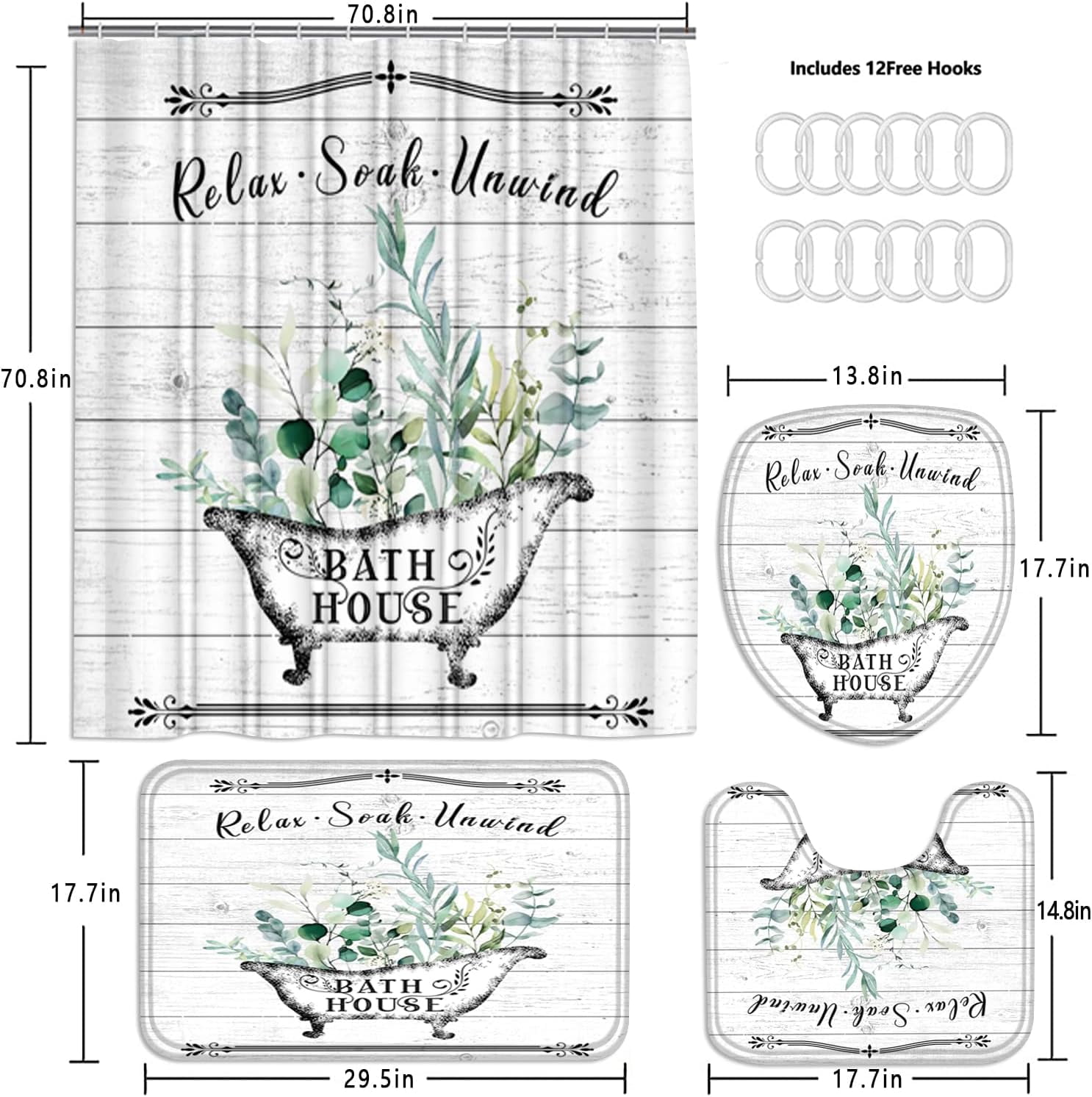 4 Pcs Floral Shower Curtain Flowers Leaves Bathroom Sets with Shower Curtain and Rugs Vintage Farmhouse Bathroom Decor Country Bathtub on Rustic Wood Backdrop Bathroom Rugs Mat Toilet Lid Cover