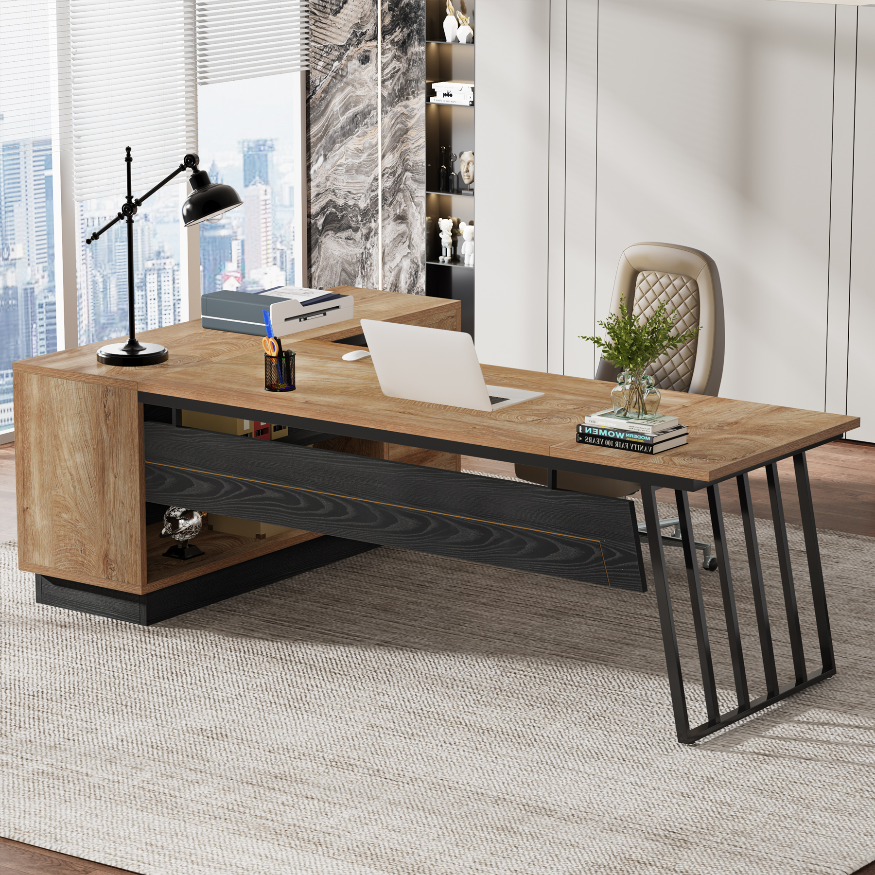71-Inch L-Shaped Executive Desk, Large Office Desk with Cabinet and Shelves, Oak and Black