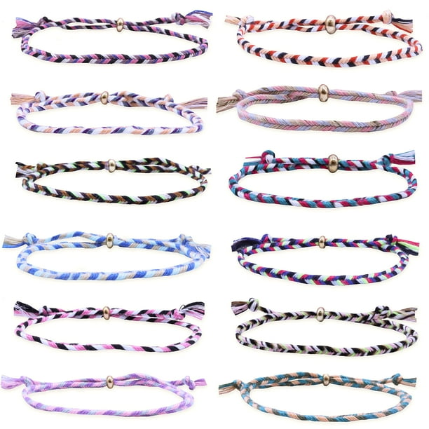 FROG SAC Lot de 12 bracelets de l'amitié en corde tissée Unisexe Réglable  Noeud Lin Chanvre Cordons Ethnique Tribal Tressé Cadeau de fête pour homme