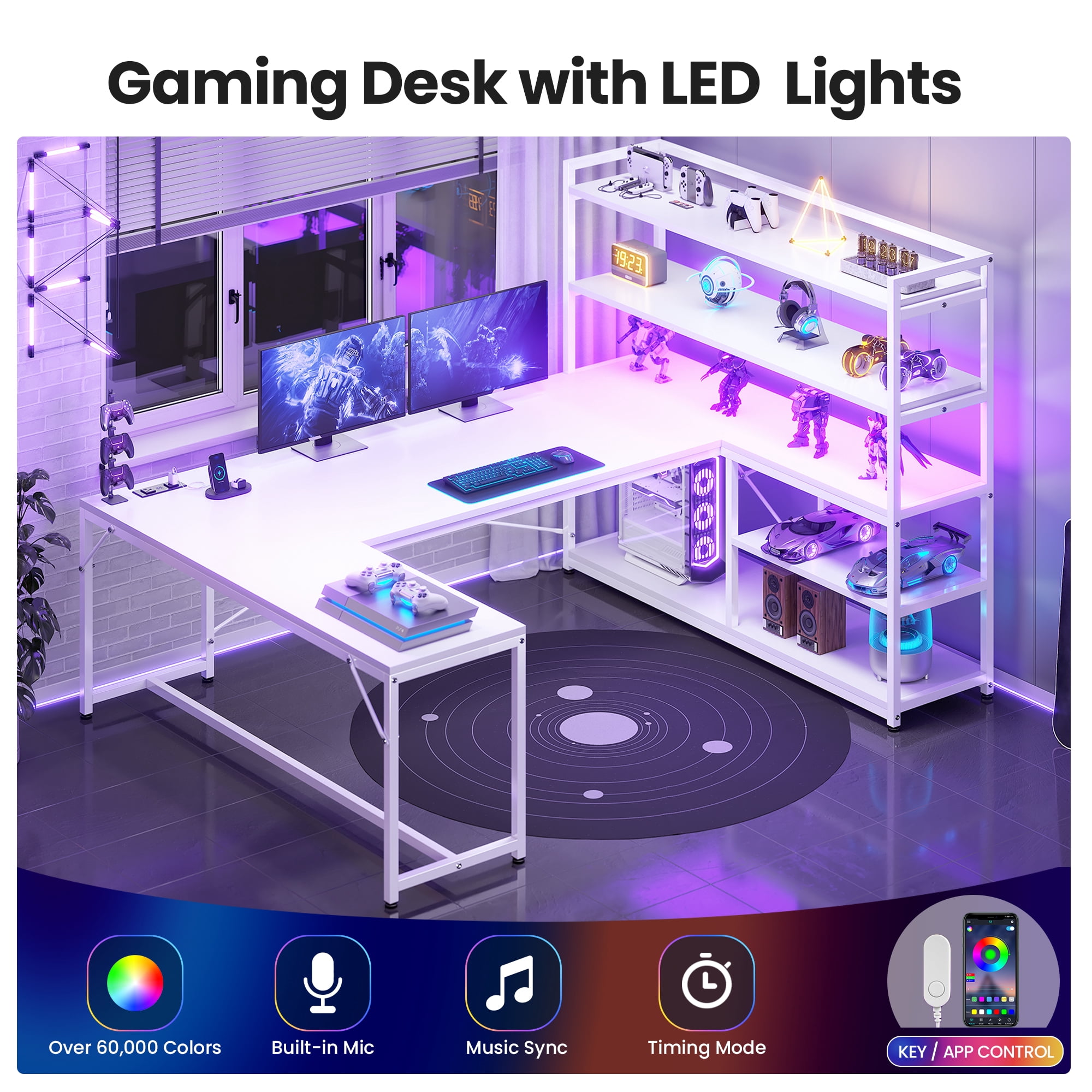 63 Inch U-Shaped Desk with Power Outlet & LED Lights, Reversible Gaming Desk with 5-Tier Storage Shelves, Computer Desk with Spacious Desktop, Corner Desk for Home Office, White