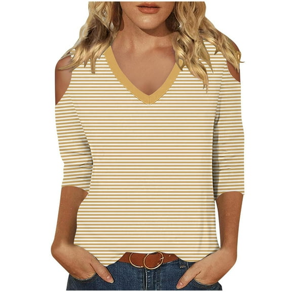 Womens Striped T-Shirts Trendy Cold Shoulder V Neck Tops 3/4 Length Sleeve Summer Fall Casual Tee Tshirts (XL, Yellow)