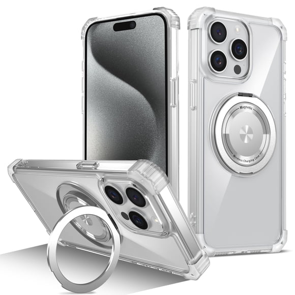 Magnetic Ring Case for iPhone 15 Pro Max, Built-in Metal Stand and 360° Rotation Ring Holder Compatible with MagSafe, Crystal Clear Military Grade Drop Protection Cover for iPhone 15 Pro Max, Clear