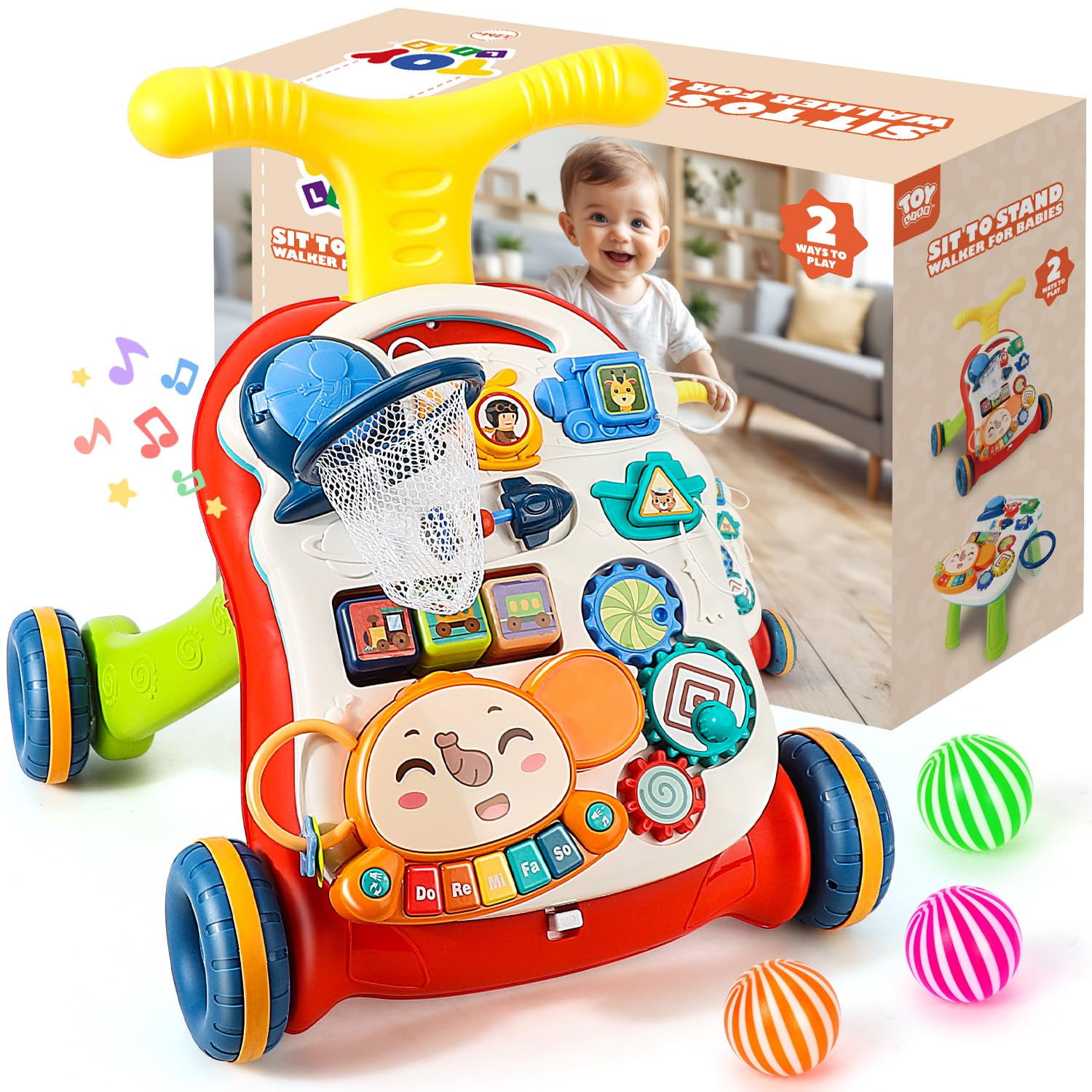 LINXUXIE 3 in 1 Baby Walker Activity Center, Sit to Stand Learning Toy with Music Panel, Early Learning Gifts for Infant 6-12 Months