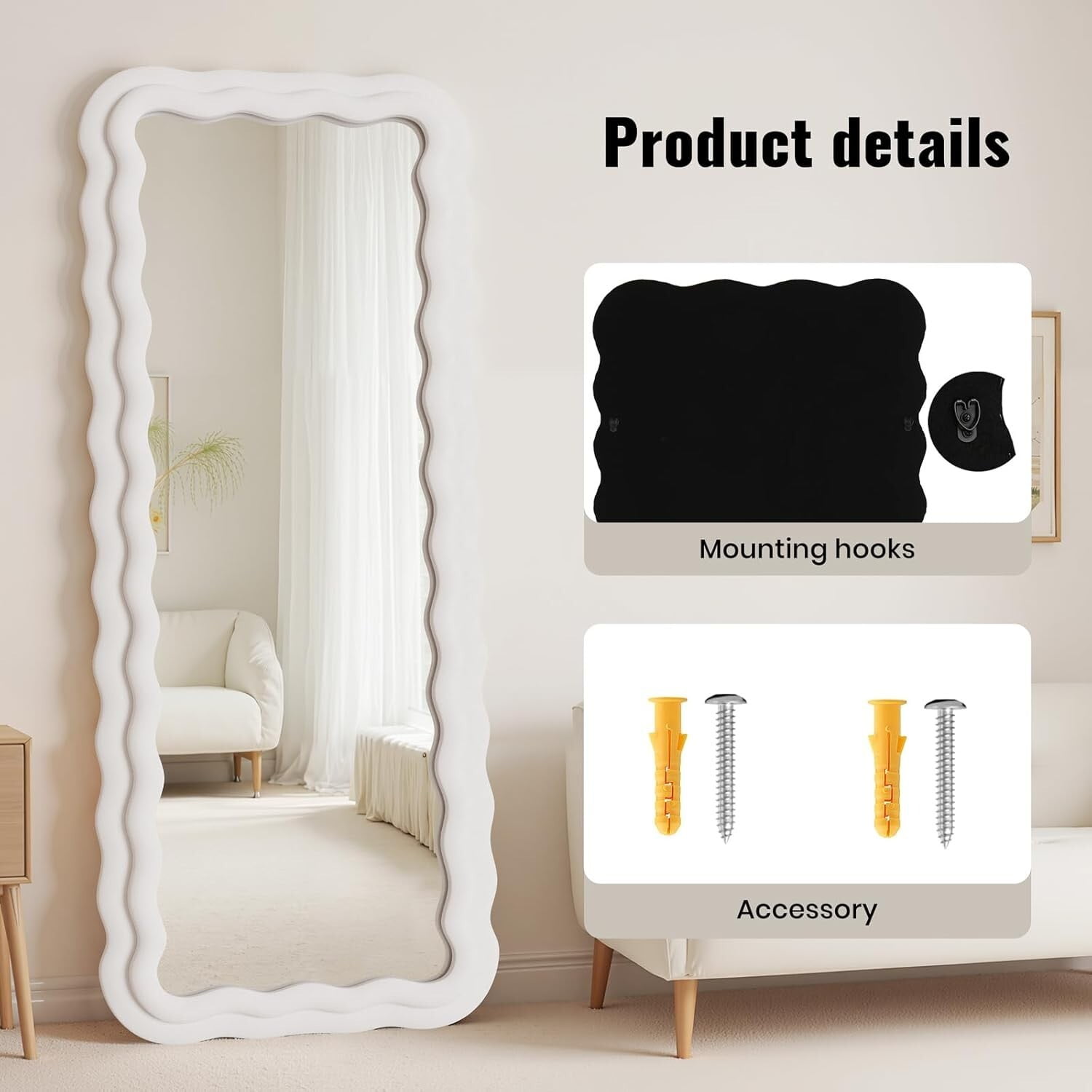 Easy4Home 63"x24" Rectangular Full Length Mirror with Wavy Flannel Frame Freestanding Decorative Round Edge Floor Mirror, White