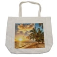 thumbnail image 1 of Beach Shopping Bag, Tropic Sandy Coast Horizon at the Sunset and Coconut Palm Trees Summer Photo, Eco-Friendly Reusable Bag for Groceries Beach and More, 15.5" X 14.5", Cream, by Ambesonne, 1 of 2