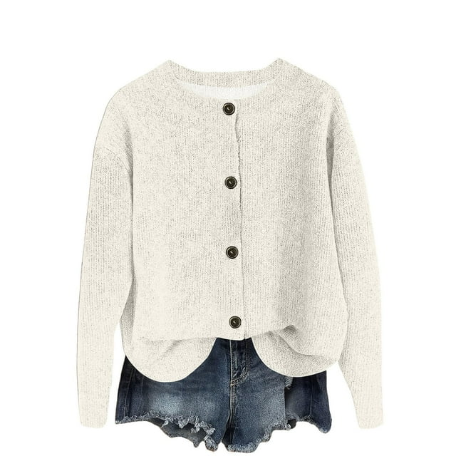 Lmnyox Button Down Cardigan for Women Solid Long Sleeve Crew Neck Knit Tops Fall Winter Fashion Sweaters