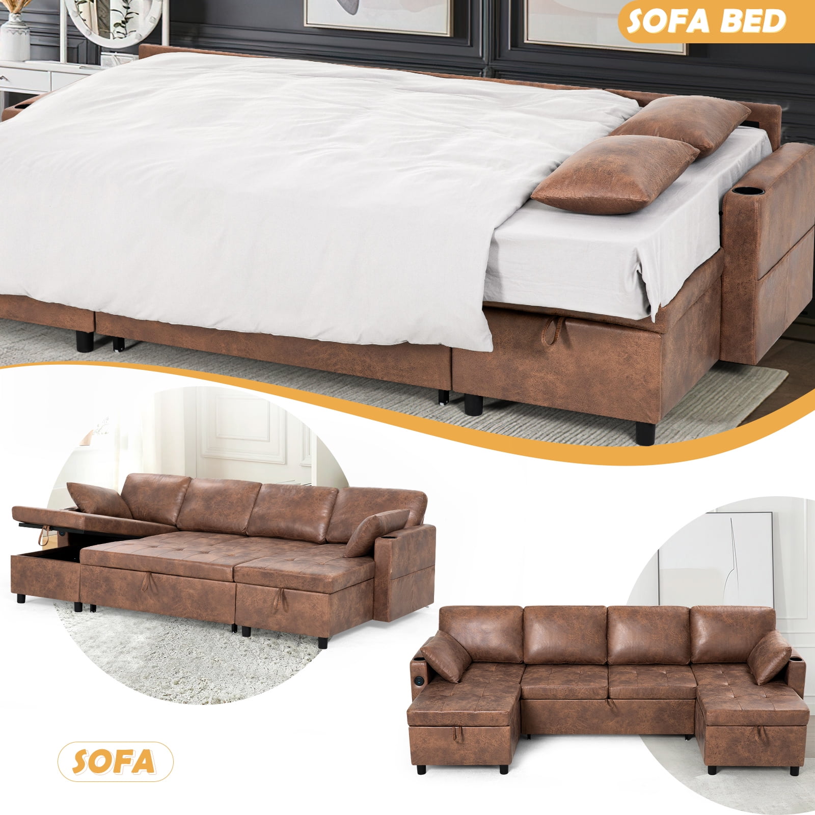 ACMEASE 108" Suede Leather Sectional Sofa w/Adjustable Backrests, Pull Out Sofa Bed w/USB Charger Port& Reversible Storage Chaise,Convertible U-Shaped Sofa with Cup Holders for Living Room,Brown