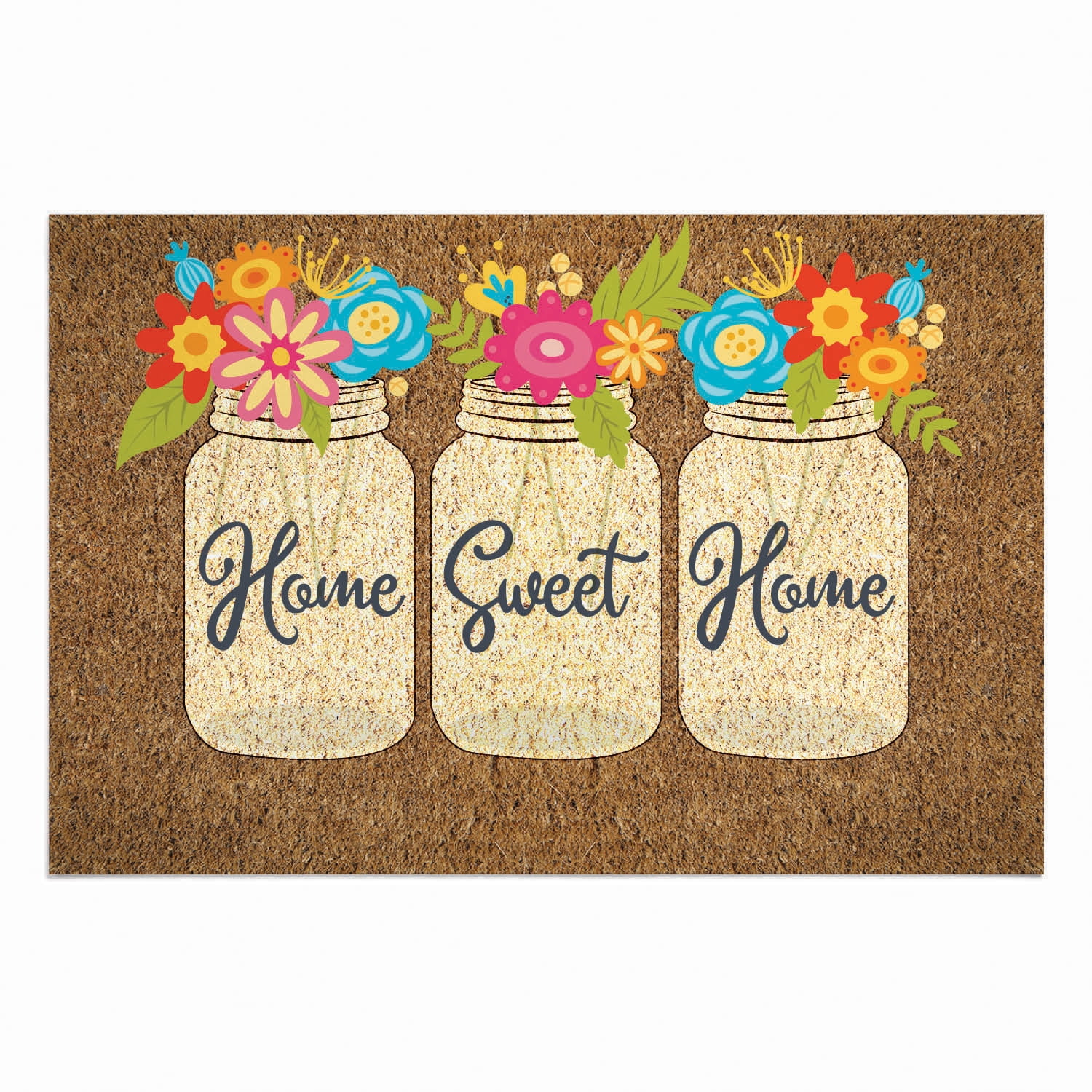 Personalized Planet 27x18 Home Sweet Home Mason Jars with Spring Flowers Doormat with Custom Family Name Printed on Brown Rectangular 1/4” Thick Non Slip Mat for Kitchen Hallway Deck or Porch