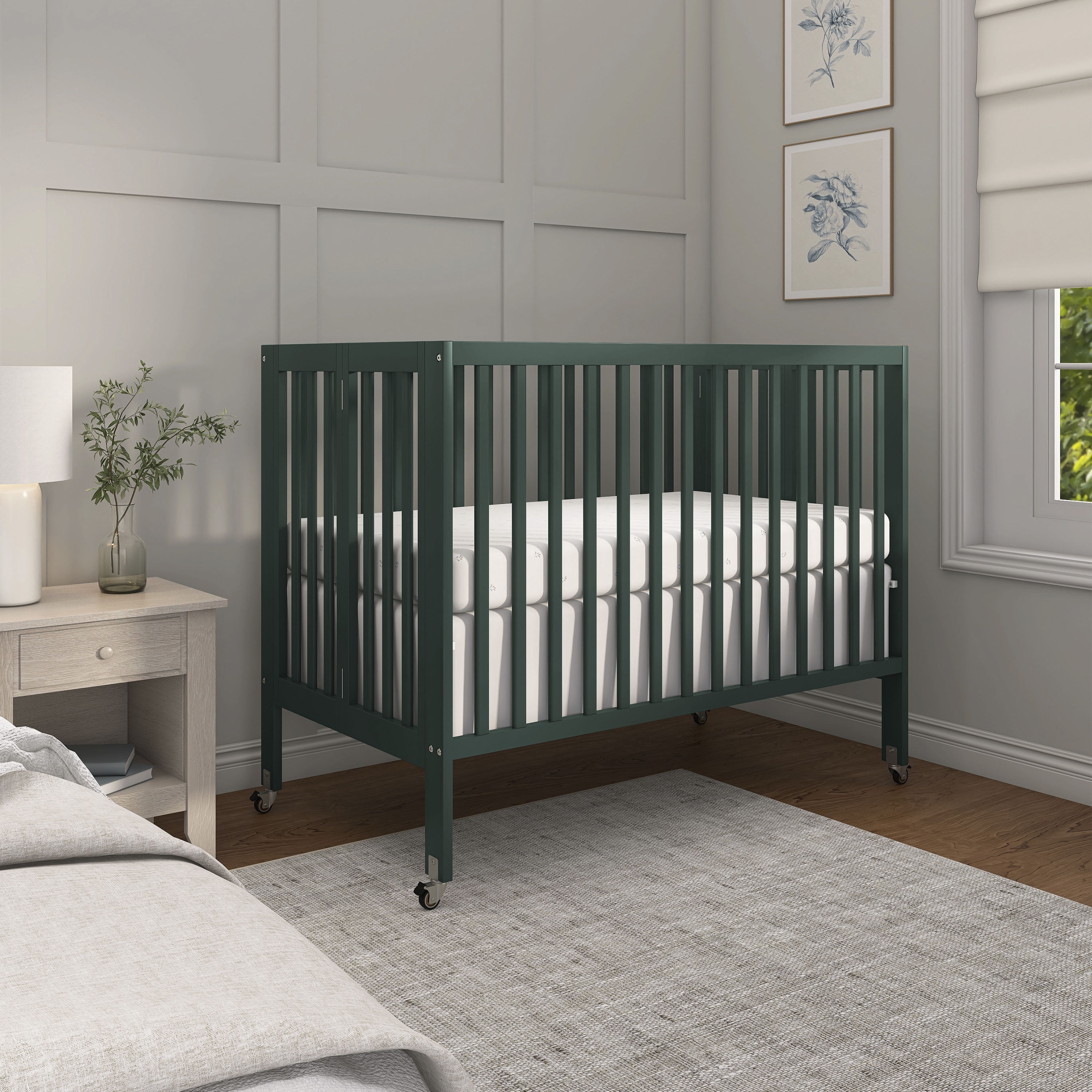 Dream On Me Quinn Full-Size Folding Crib, Removable Wheels, Modern Nursey, Adjustable Mattress Support, Patent Folding System in Olive
