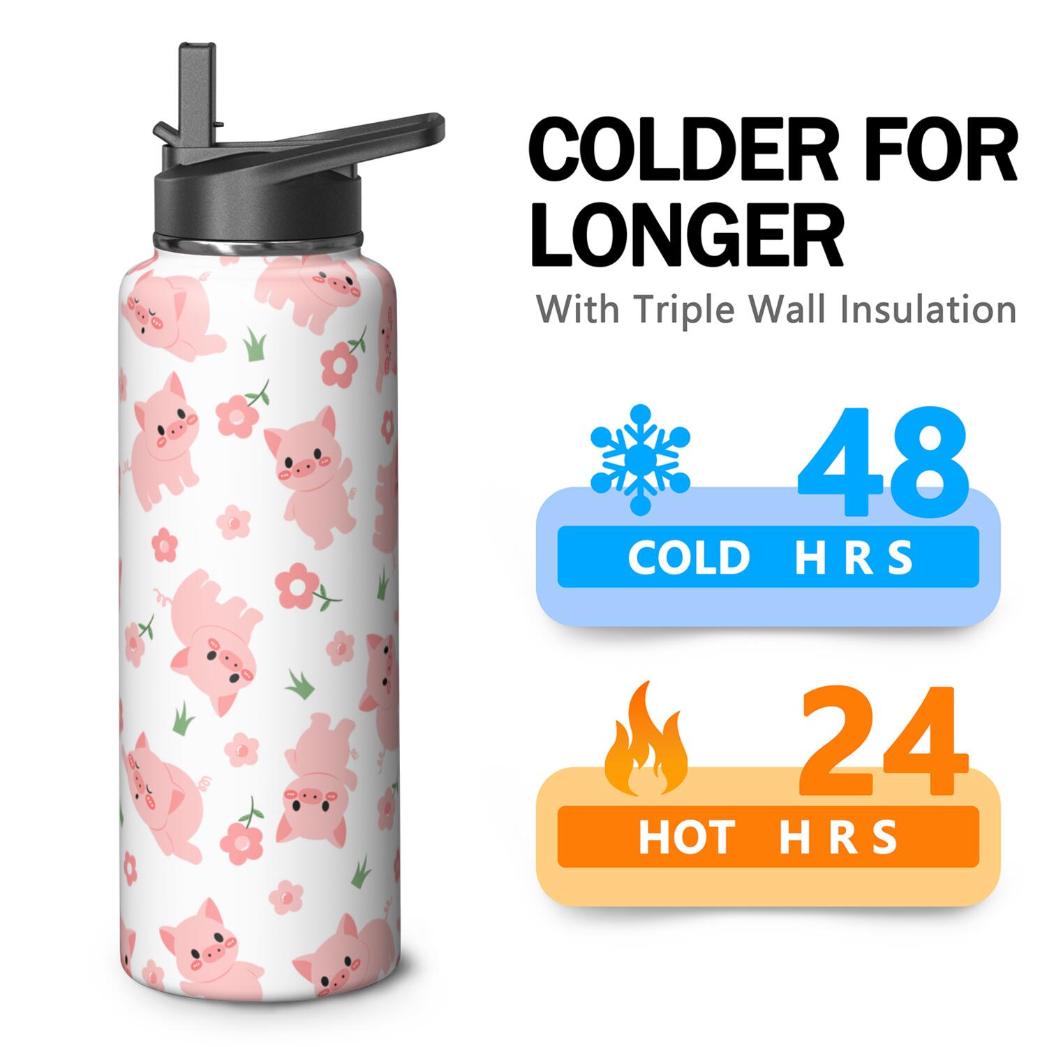 Camping & Hiking 40oz Pig Themed Lovers Pig Themed Water Bottle Vacuum Insulated Stainless Steel Leak Proof Hot Cold Gift