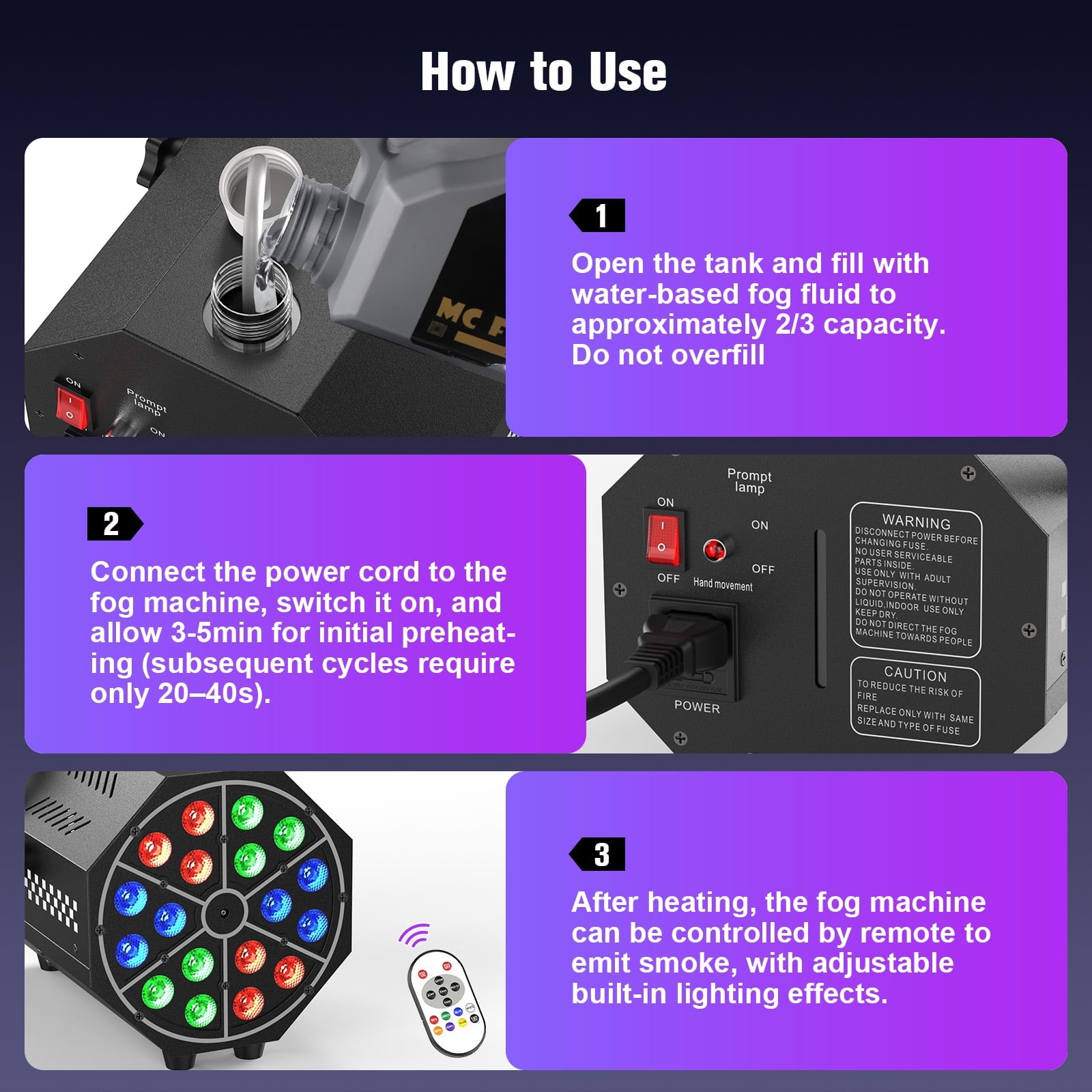 Fog Machine 1000W with 18-Color LED Lights and Remote, 300ml Smoke Fogger for Parties, DJ Stage, Indoor Outdoor Use