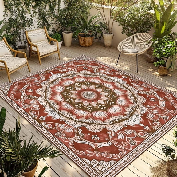 Red Boho Outdoor Rug 4x6 Ft - Reversible Patio Rug Outdoor Camping Rugs, Vintage Ethnic Tribe Abstract Art Washable Indoor Outdoor Area Rugs, Non-Slip Outdoor Carpet Runner for Deck/Porch