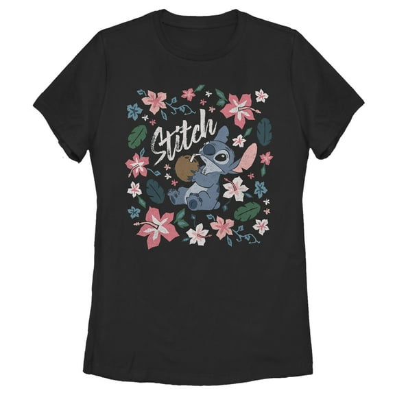 Women's Lilo & Stitch Flowers and a Coconut Graphic Tee Black Medium
