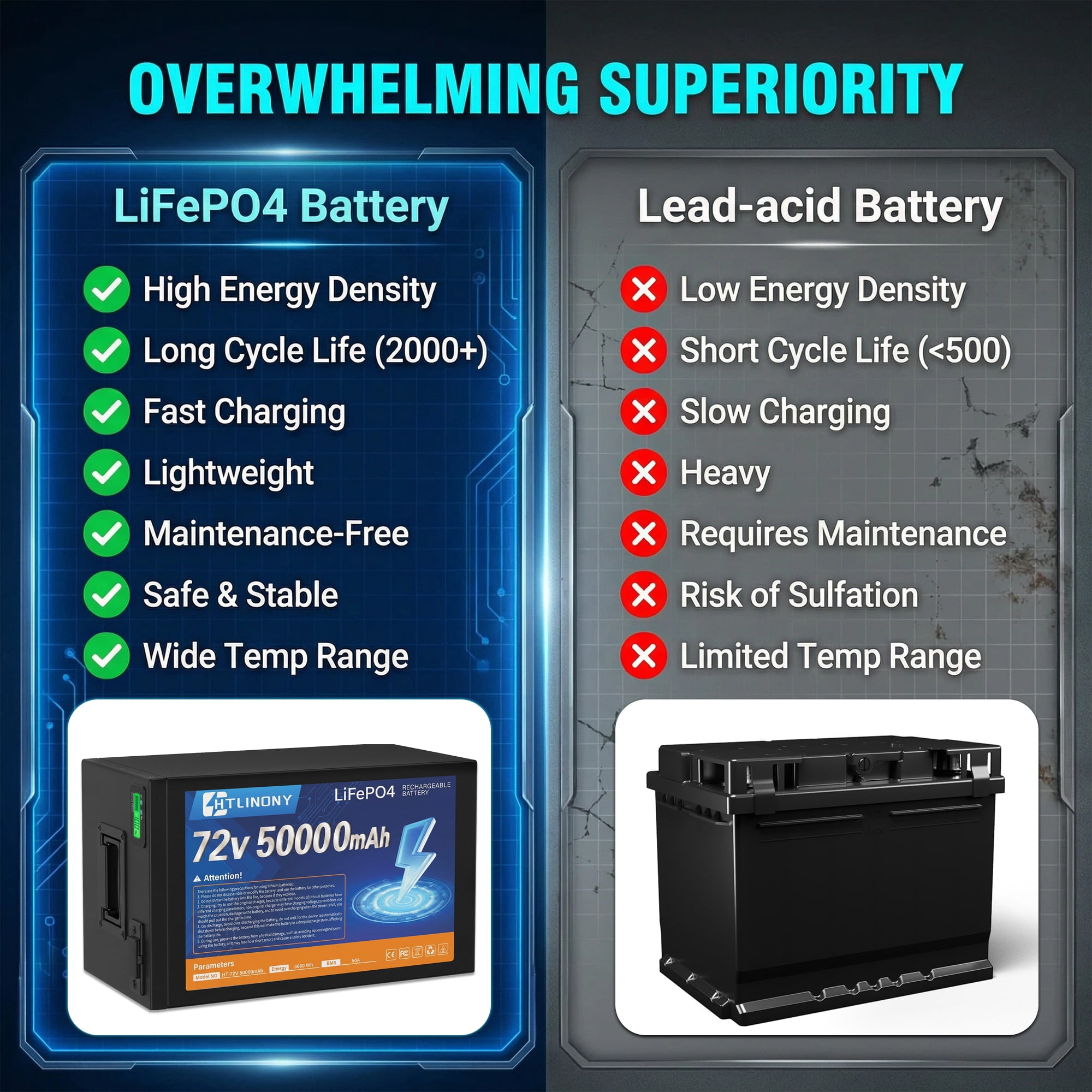 HTLINONYT 72V 50Ah LiFePO4 Electric Bike Battery, Built-in BMS, Replacement Battery for 250W-1500W Ebike & Scooter Motors