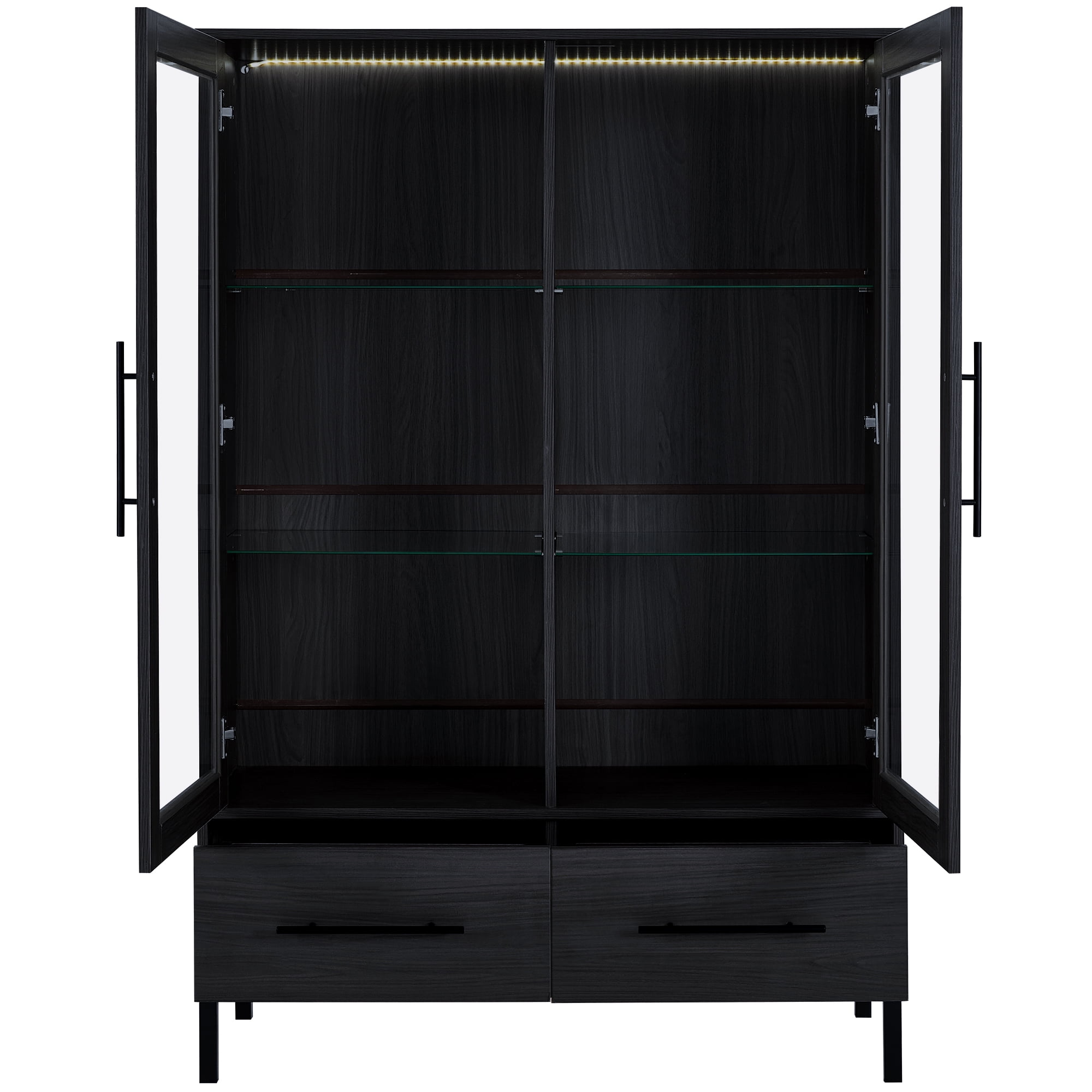 Euroco Modern LED Lighted Display Cabinet with Glass Shelves and Drawers,Storage Curio Cabinet with Adjustable Shelves and Metal Legs, Showcase