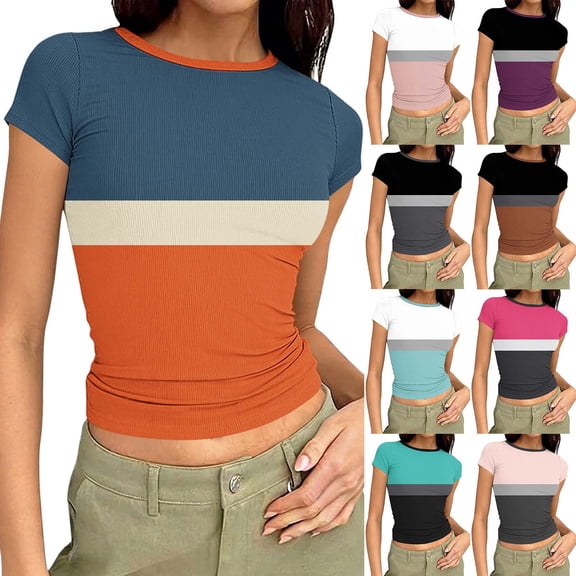 Bovxnpu Short Sleeve T Shirts Summer Crop Tops Basic Gym Workout Clothes Print Ribbed Crewneck Fitted Slim Casual Top Summer Tops (Women's or Women's Plus)