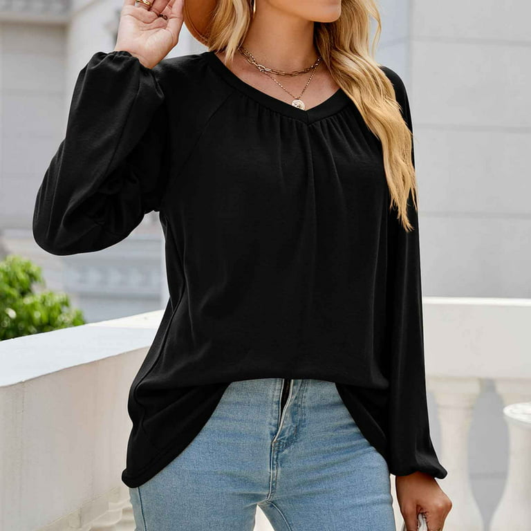 CYMMPU Long Sleeve Plus Size Tops Spring Clothes for Women 2023 Plus Size  Tops Fashion Solid Color Shirts V-Neck Fall Sweatshirt Trendy Pullover  Black