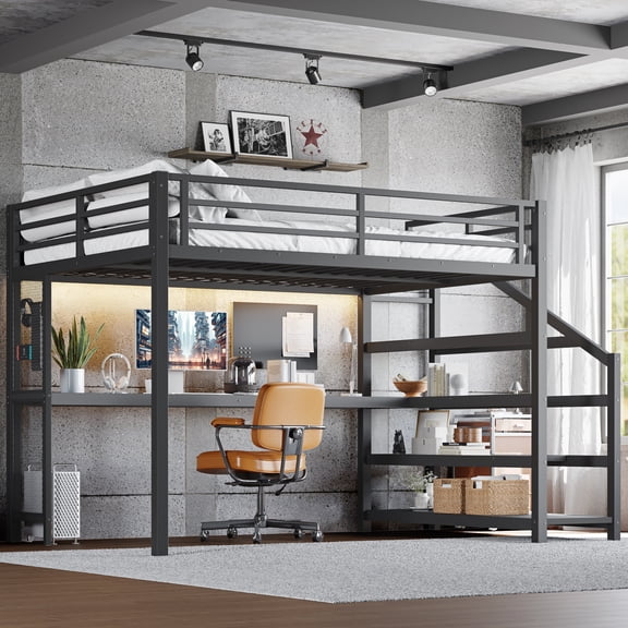 Aukfa Queen Size Metal Loft Bed with Desk and Storage Stairs, Heavy-Duty Bed Frame with USB Ports & LED Lights for Teens, Kids & Adults, Black