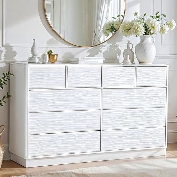 10 Drawers Dresser for Bedroom, 55" W Chest of Drawers, Modern TV Stand with Smart Press-to-pop Drawer, Large Storage Space for Living Room, Entryway, Hallway, White$$Home Decor, Kitchen, & Other