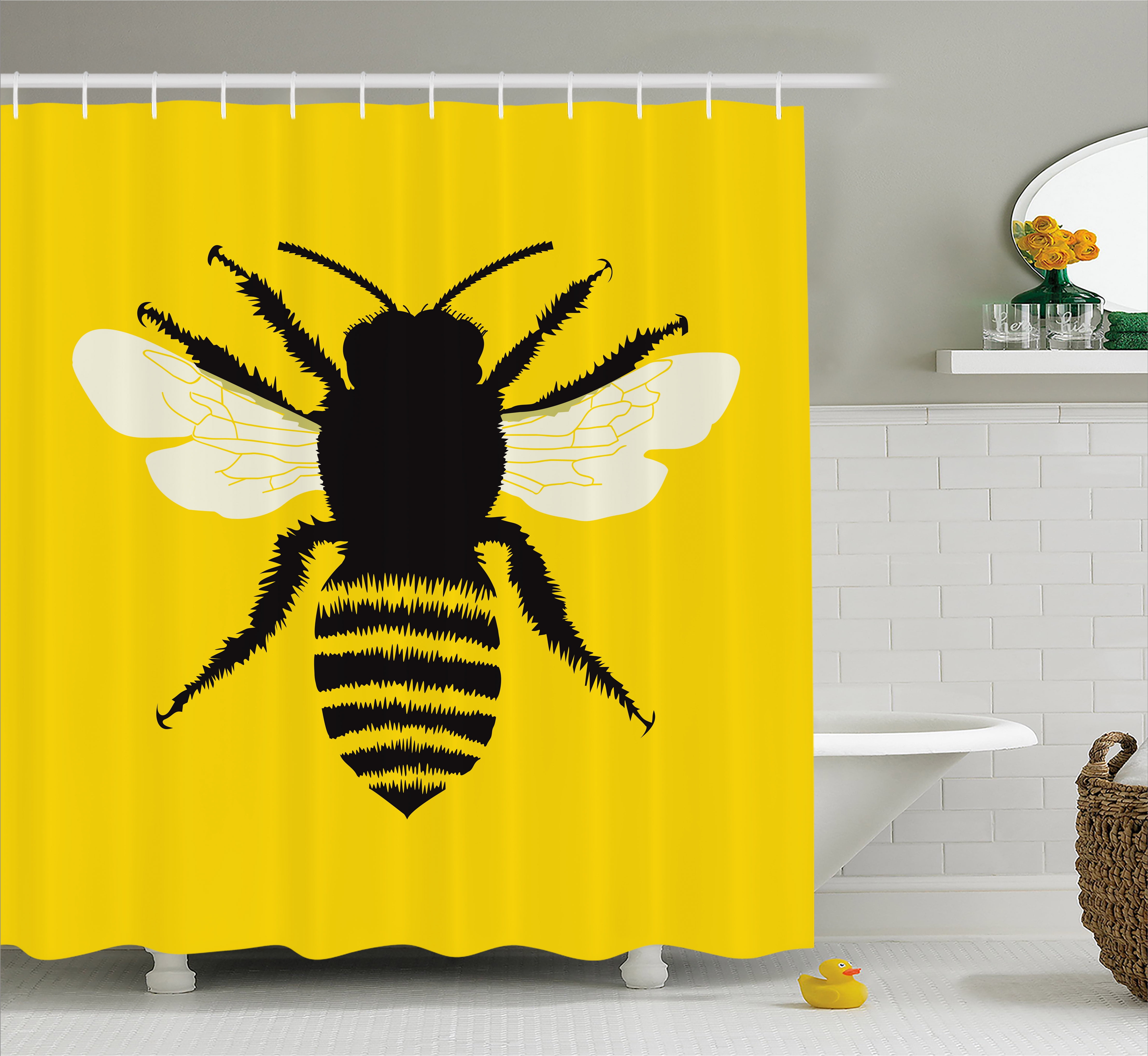Queen Bee Shower Curtain, Silhouette of Honeybee with Stripped Design