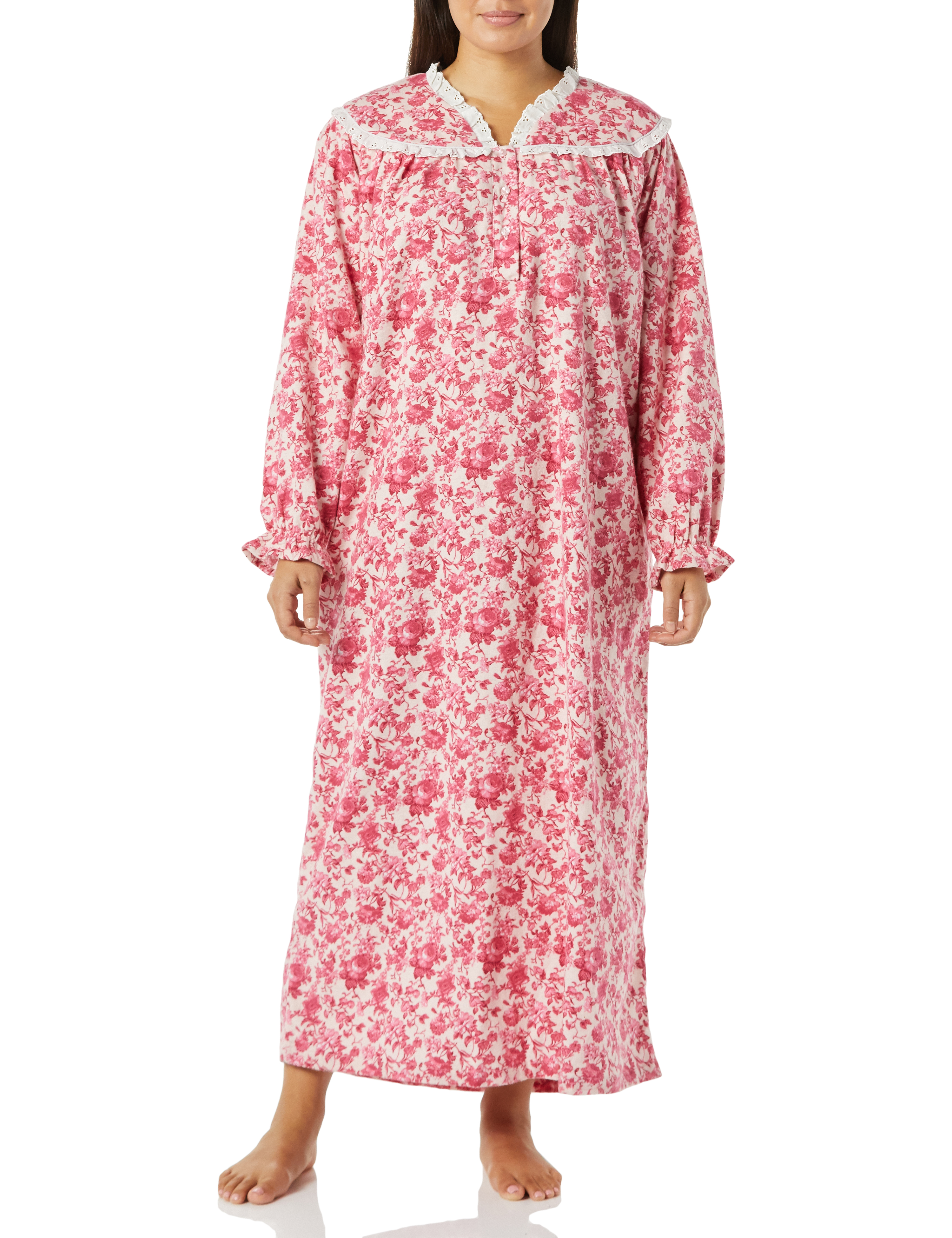 AmeriMark Long Flannel Nightgown for Women Eyelet Lace Trimmed Neckline