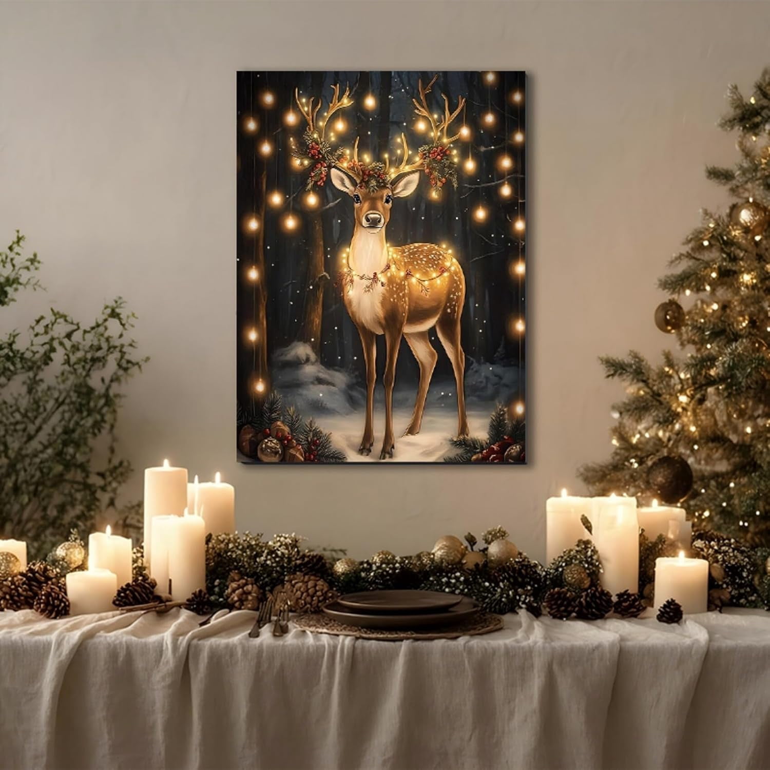 Christmas Reindeer Wall Art Framed, Cottage Winter Forest Wildlife Deer Picture Wall Decor, Rustic Xmas Cozy Winter Hanging Canvas Prints for Home Bedroom Living Room Decoration