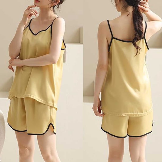 Karight Sleepwear for Womens Straps Tank Top Shorts 2 Piece Pajamas Lace Faux Silk Nightgowns Plain Match Thin Pjs Sets