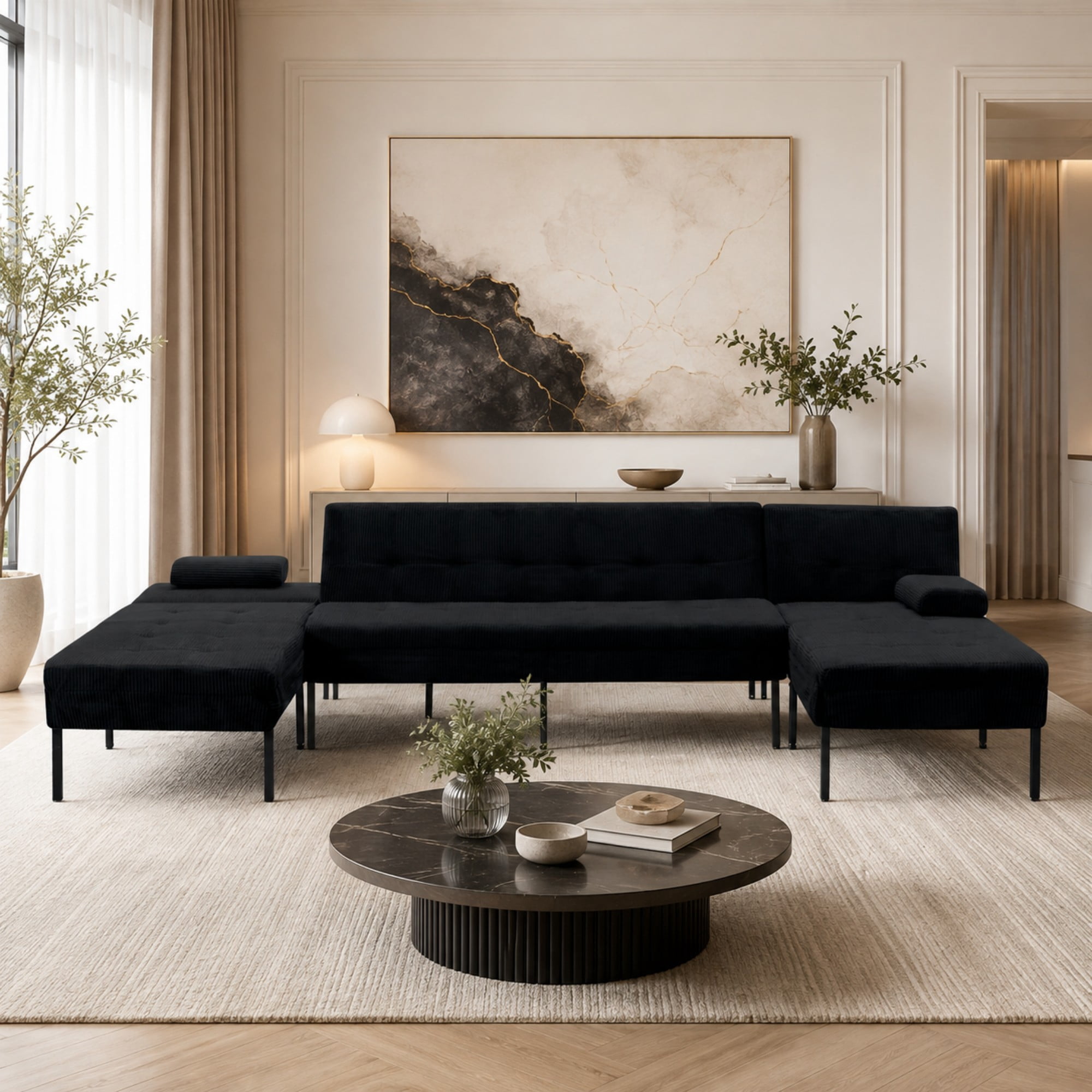 BSHTI 117.13" Soft Corduroy U-Shaped Sectional Sofa Bed with 5-Position Backrest, Comfy Couch for Living Room（Black）