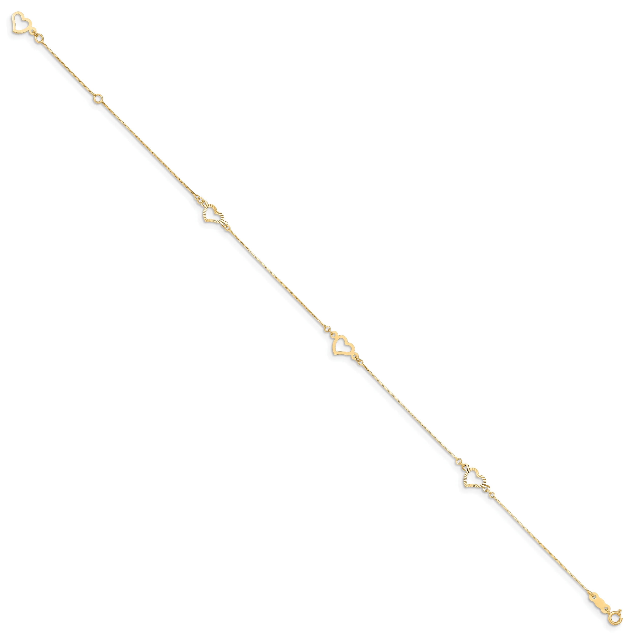 Primal Gold 14 Karat Yellow Gold Fancy Heart 9-inch Plus 1-inch Extension Anklet