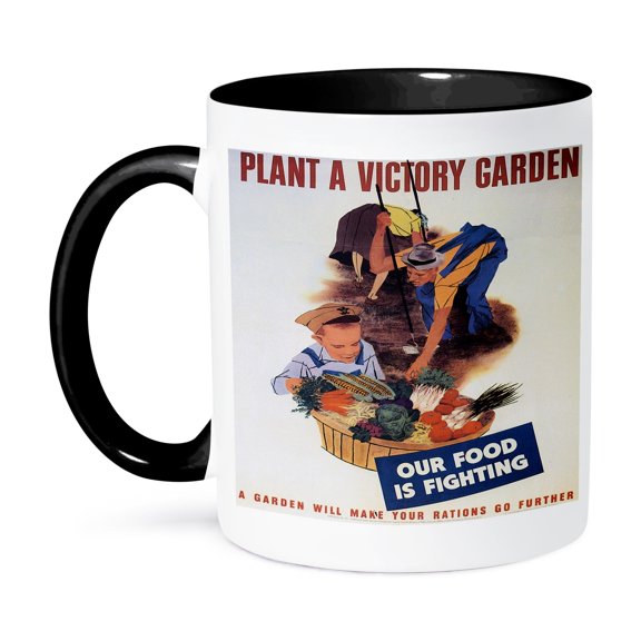 3dRose, Vintage Plant a Victory Garden Our Food is Fighting WPA Poster, 11oz Two-Tone Black Mug