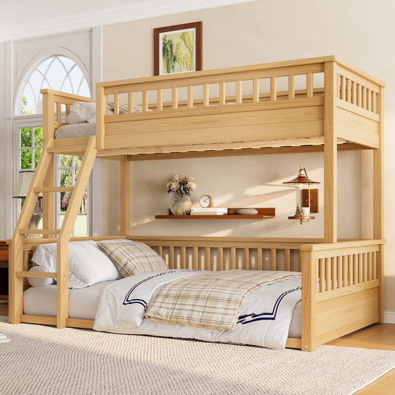 URTR Twin over Full Bunk Bed with Ladder & Guardrails, Solid Wood Detachable Low Bunk Bed, Space-Saving Design & No Box Spring Needed for Bedroom, Natural
