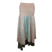 Mogul Womens Tube Dress Strapless Smocked Bodice Beige Vintage Silk Sari Long Skirts