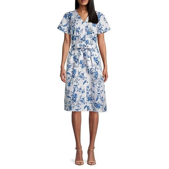Liz Claiborne Short Sleeve Floral Midi A-Line Dress White XL New 8511129, Women's