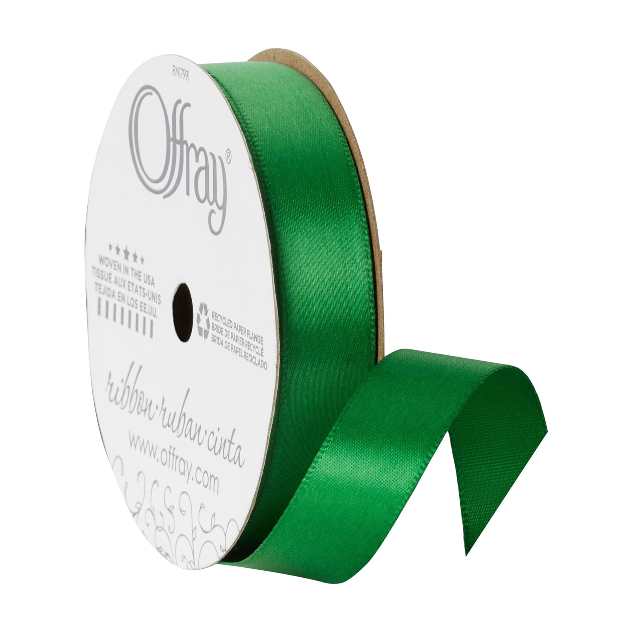 Offray Ribbon, Emerald Green 5/8 inch Single Face Satin Polyester Ribbon, 18 feet